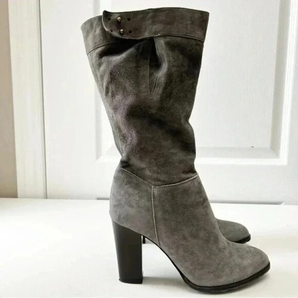 Grey Suede Boots Mid Calf Block Heel Slouch Boot Boho Size EU 38 NEW IN BOX - Picture 2 of 16